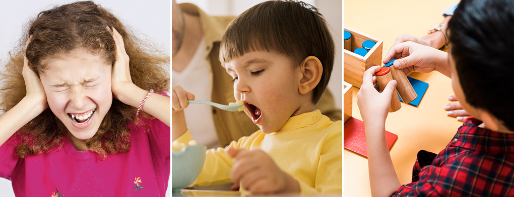 Triptico mostrando distintos desafíos de integración sensorial: una niña con hipersensibilidad auditiva cubriéndose los oídos, un niño con dificultades orales durante la alimentación, y un niño trabajando en su motricidad fina con bloques de madera en terapia ocupacional.